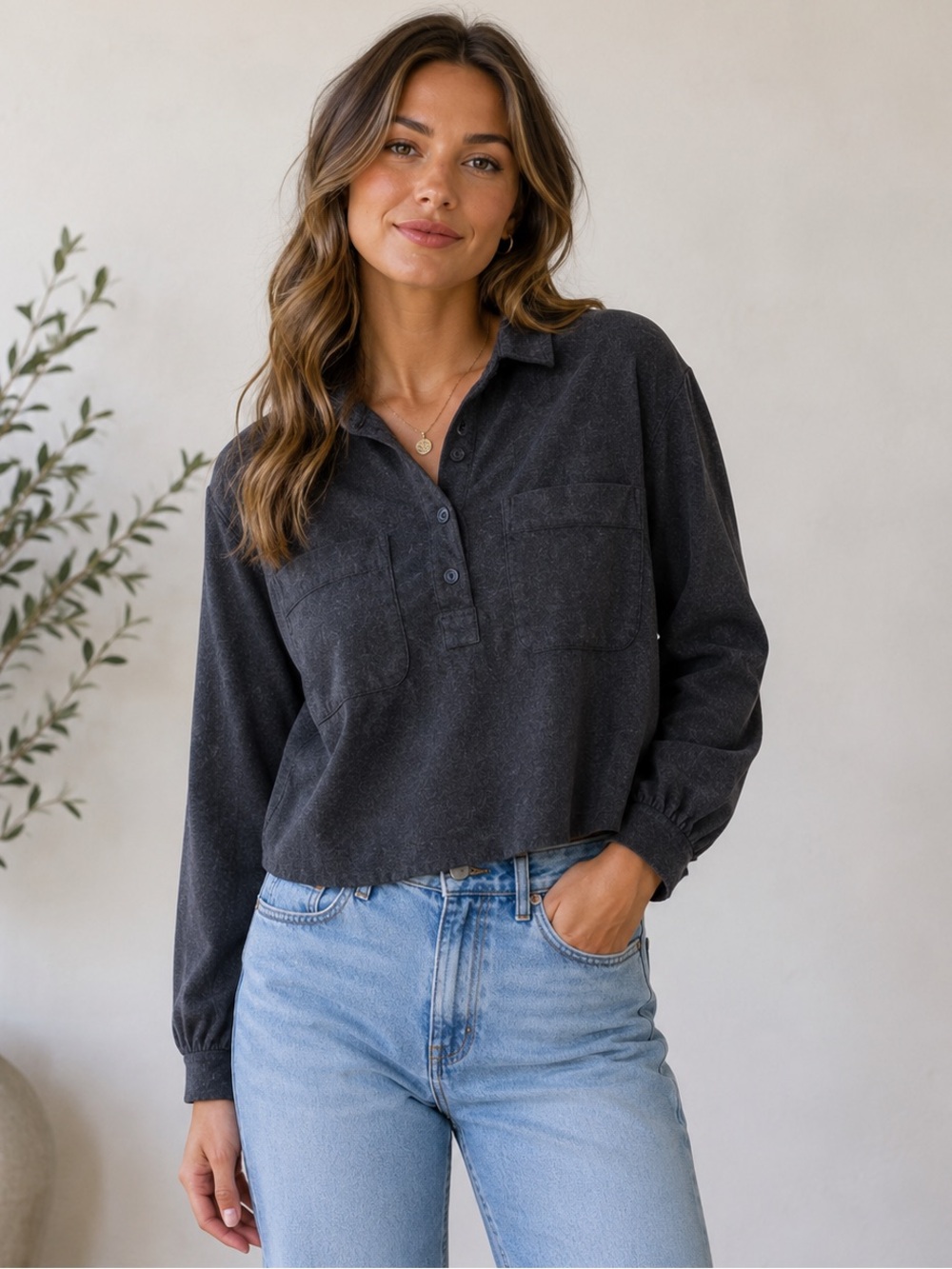 Everlane Organic Cotton Cropped Flannel Shirt Charcoal Grey Size Small Relaxed